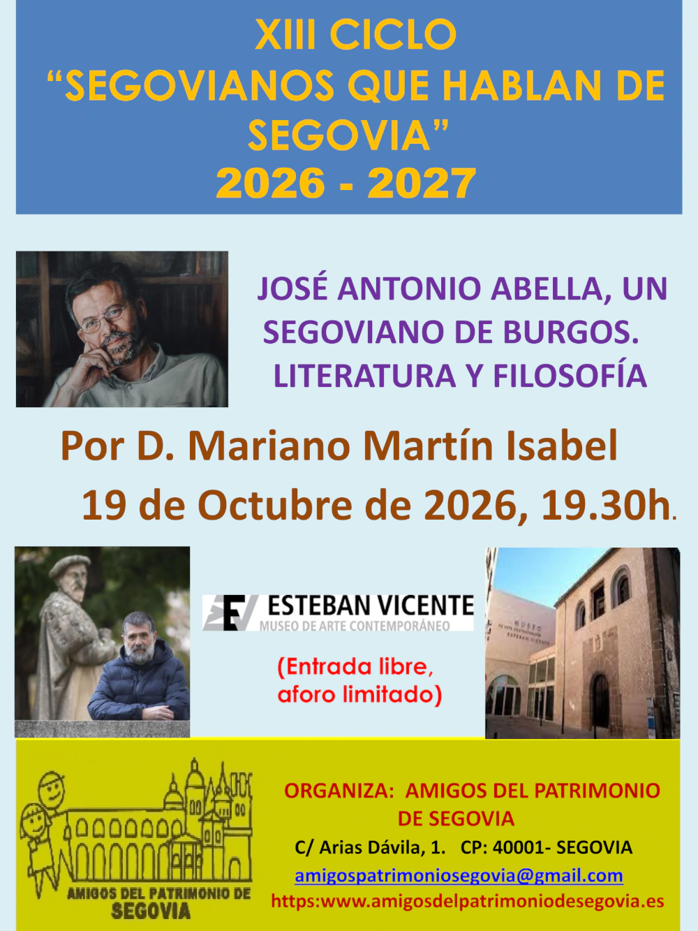 Conferencia sobre la obra narrativa de José Antonio Abella, 19 de octubre de 2026 en el Museo Esteban Vicente de Segovia.